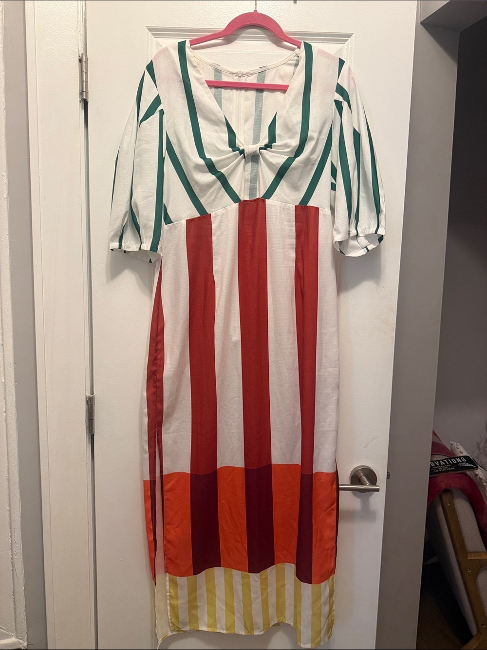 Striped V-Neck Maxi Dress in Green, Red & Yellow